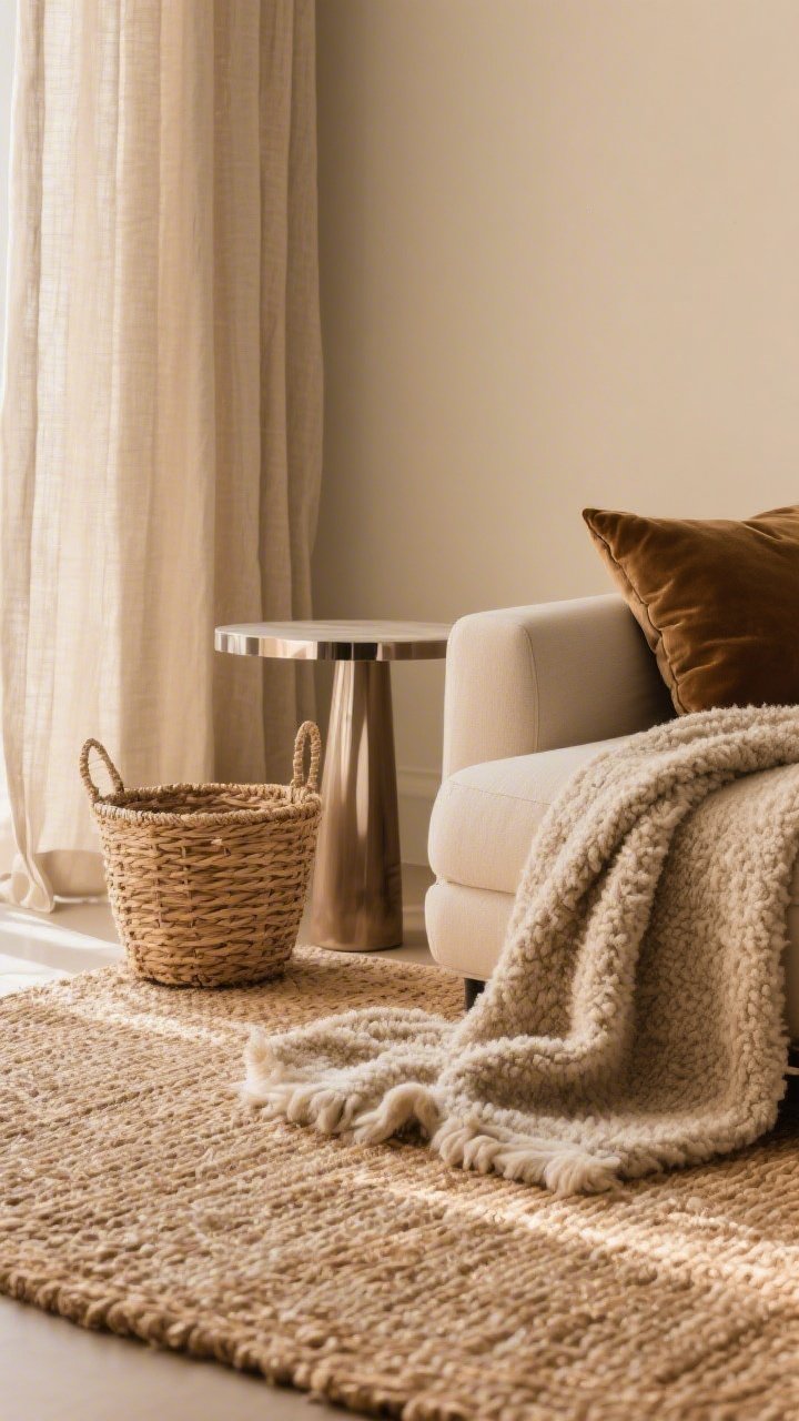 Closeup detail shot of layered textures within a tight palette of warm neutrals: a natural fiber rug (jute or sisal) underfoot, a plush nubby throw draped over a linen curtain puddling lightly nearby, a matte painted wall in the background with a small glossy side table edge catching light; a woven basket tucked beside the table and a single velvet pillow corner visible on a basic sofa; soft diffused daylight to emphasize texture variation.