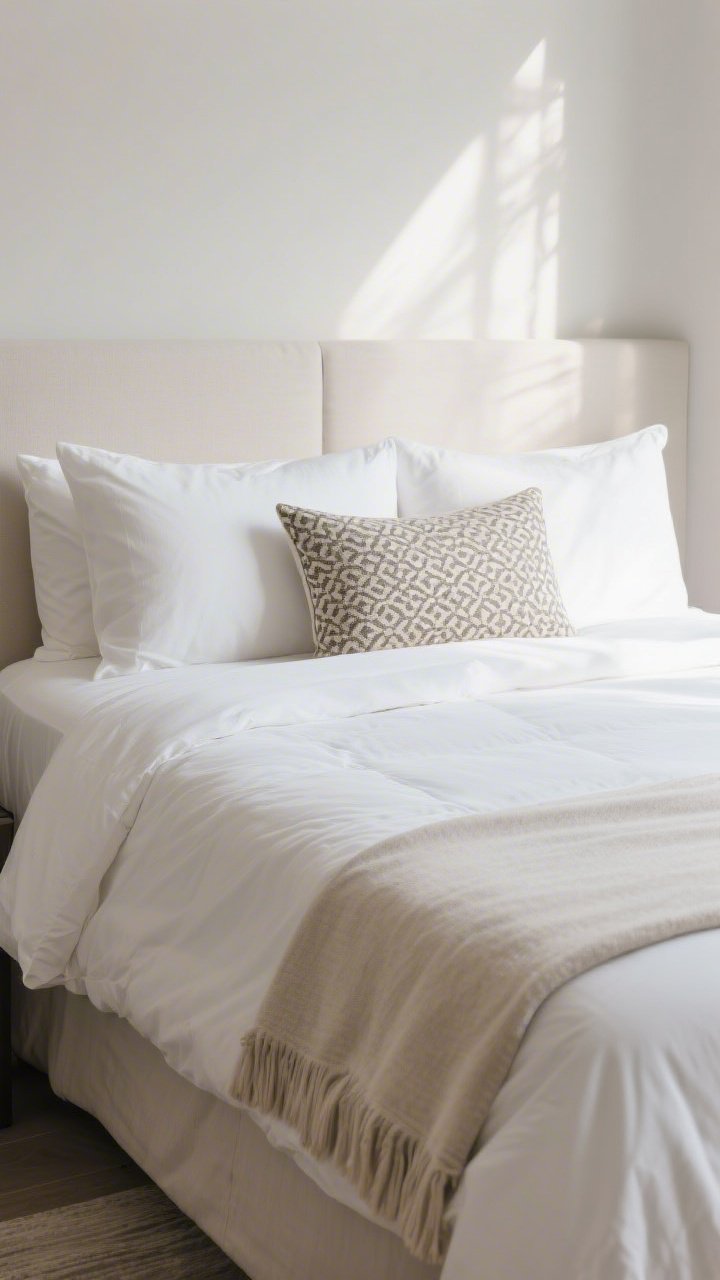 Closeup/medium shot of a boutique-hotel-style bed on a budget: crisp white neutral sheets, a lightweight duvet with a simple neutral cover, a single patterned accent pillow or throw adding personality at the foot (tucked for tailored look); optional Euro shams for height or one long lumbar for simplicity; linens look freshly de-wrinkled, soft morning light.