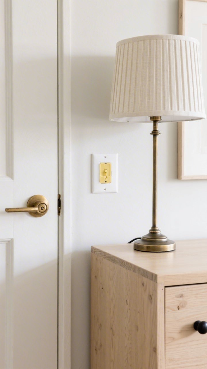 Closeup of cabinet and door hardware upgrades: matte black knobs on a light wood dresser, a coordinating brass door handle that matches a nearby lamp’s metal finish, a fresh white switch plate replacing yellowed plastic, and a lamp with a modern drum shade beside a classic pleated shade in the background; crisp daylight highlighting the subtle sheen of finishes.
