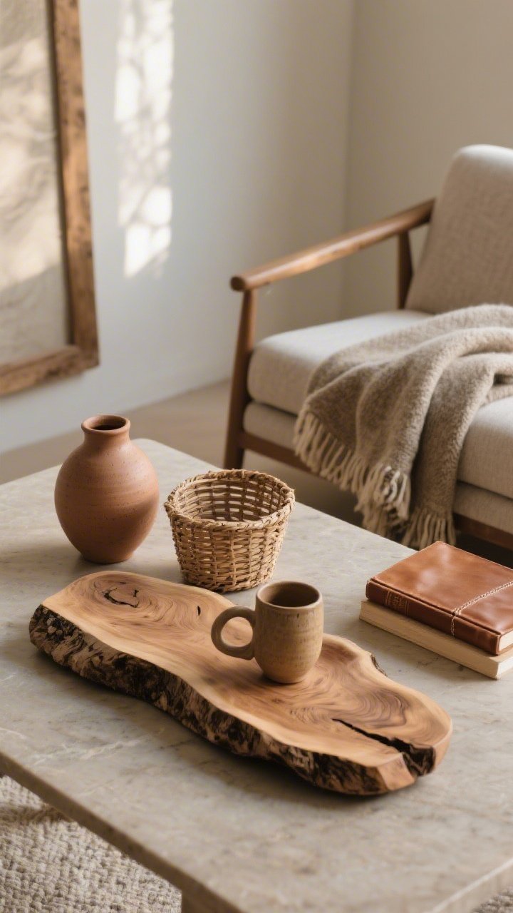 Closeup still life on a coffee table showcasing natural materials: a live-edge wood tray, a hand-thrown ceramic mug and vase, a small rattan basket, a folded wool or cashmere throw draped over the adjacent armchair in frame, and a leather-bound book; tactile wood, clay, wool, and leather textures; gentle morning light.