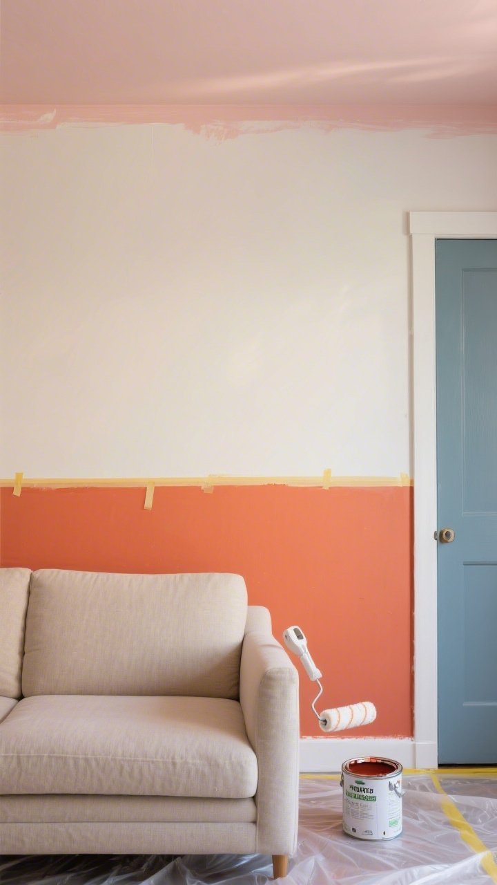 Closeup, straight-on shot of a living room wall with a color-blocked accent behind a neutral sofa: the lower half painted a bold terracotta and the upper half a warm off-white, crisp paint line done with removable painter’s tape; painted interior door edge in dusty blue peeks from the side; soft pastel blush ceiling visible at top frame; include a foam roller and low-VOC paint can on a plastic-covered floor for context; photorealistic, soft natural daylight.