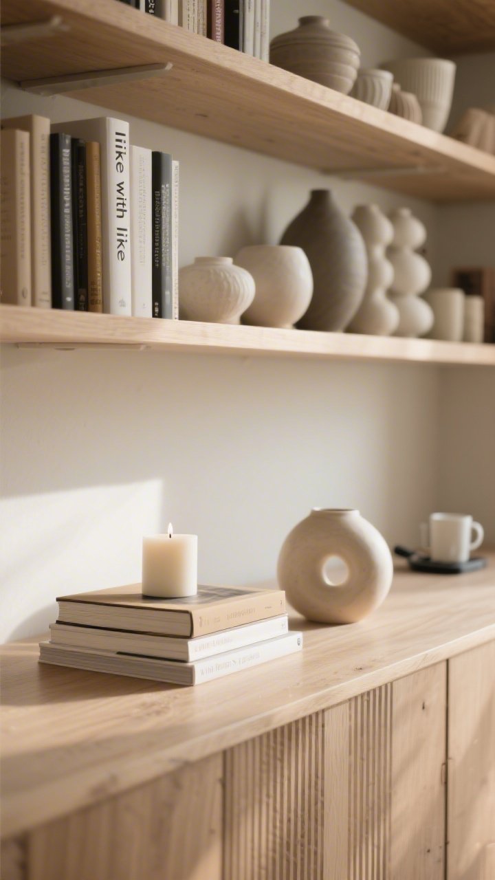 Closeup, straight-on vignette of a freshly decluttered console: a small curated stack of hardcover books, a single minimalist candle, a sculptural ceramic, and intentional negative space on a clean wood surface; background shelves grouped “like with like” (books together, ceramics together), warm natural daylight, neutral palette with soft shadows, no clutter like mugs or chargers in sight, crisp and airy mood.