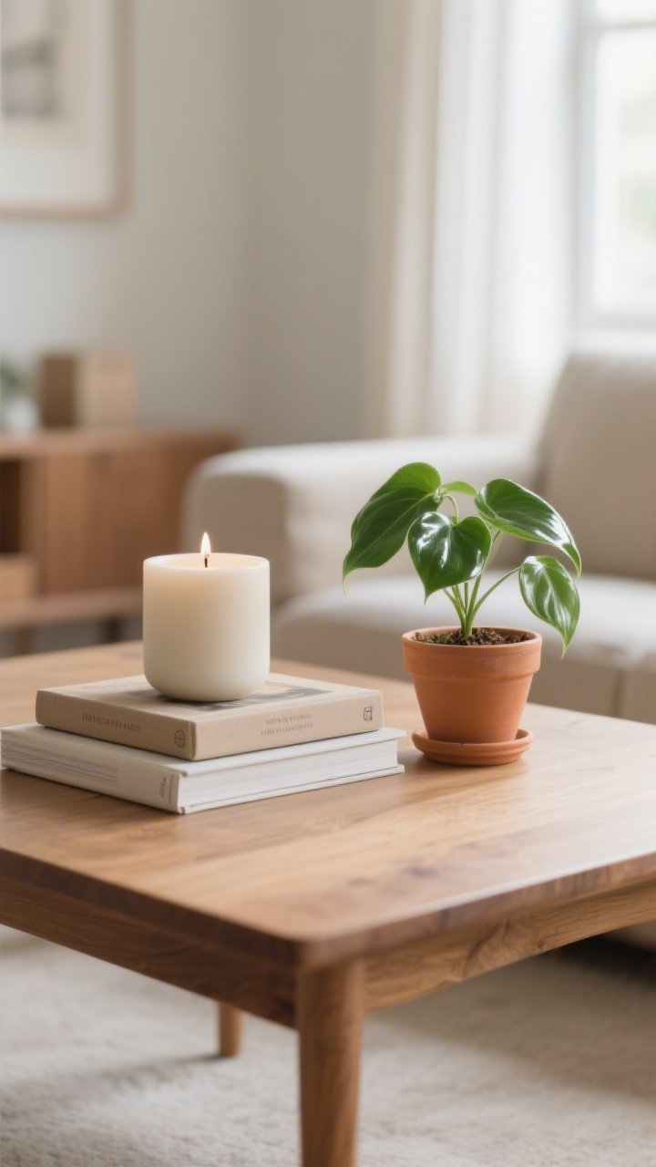 Closeup, straight-on vignette on a cleaned wood coffee table: empty negative space around a curated trio following the rule of three—a low stack of neutral art books, a matte ivory ceramic candle, and a small glossy green plant in a terracotta pot; items grouped by color tones (creams, warm wood, leafy green), with soft natural daylight from the side and a blurred, decluttered living room backdrop to emphasize ruthless editing and intentional styling