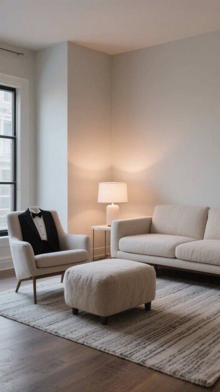 Corner angle medium shot: A scaled seating arrangement with an apartment-size sofa (about 75 inches) in a light neutral fabric, paired with an armless lounge chair and a low plush ottoman for movie-night feet-up comfort; clean-lined tuxedo silhouette reduces visual weight; slim rug and airy side table; soft evening lamp light for coziness.