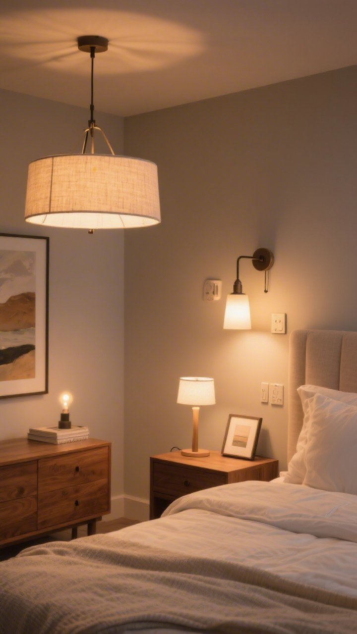 Corner-angle medium shot highlighting layered lighting in a bedroom: a fabric-shaded overhead pendant casting warm 2700K ambient glow, swing-arm wall sconces on dimmers mounted beside the bed for task lighting, and a small accent lamp on a dresser plus a picture light illuminating art. Include smart bulbs set to a “Wind Down” scene for a soft, flattering glow. Neutral palette with warm wood and cream textiles; evening mood; photorealistic.
