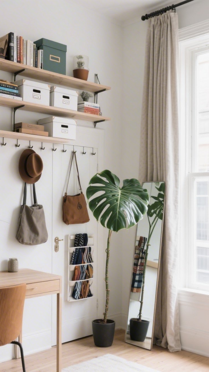 Corner angle wide shot: Vertical solutions maximizing height; wall-mounted shelves over a desk holding books, labeled boxes, and decor; a peg rail with hats and a bag; a tall fiddle-leaf fig and a slim floor mirror reflecting light; over-the-door organizer barely visible with neatly stored scarves; curtains hung high and wide, elongating the window; bright natural daylight emphasizing vertical lines.