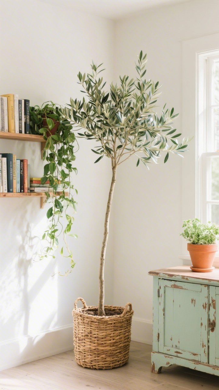 Corner medium shot: A bright room corner anchored by a tall potted olive tree in a woven basket, a shelf with trailing pothos cascading between books, and a tabletop herb pot on a nearby credenza; upgraded containers in terracotta and painted thrift finds, soft morning light highlighting fresh greenery.