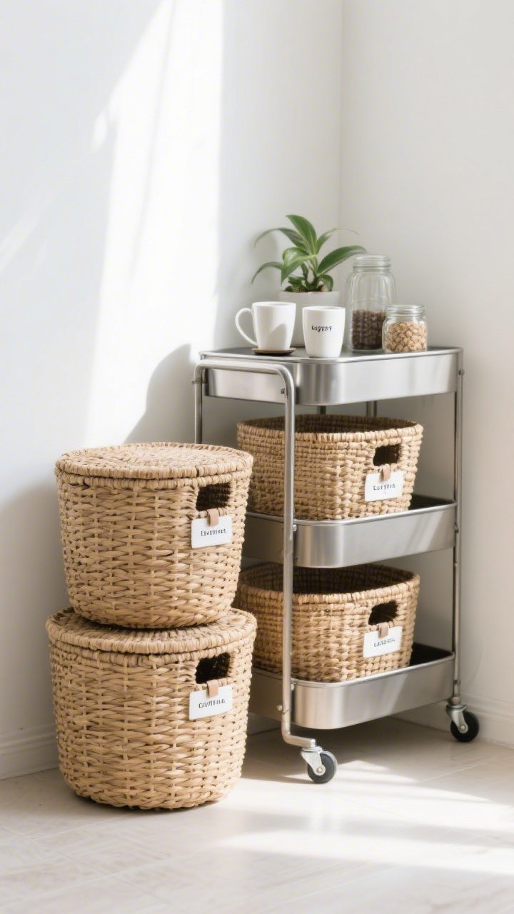 Corner medium shot: A stylish storage setup featuring a woven lidded basket trio beside a matte metal tiered rolling cart; clip-on labels on each basket; the cart styled as a compact coffee station with mugs, a small plant, and jars; texture contrast between natural weave and sleek metal; bright, tidy daylight.