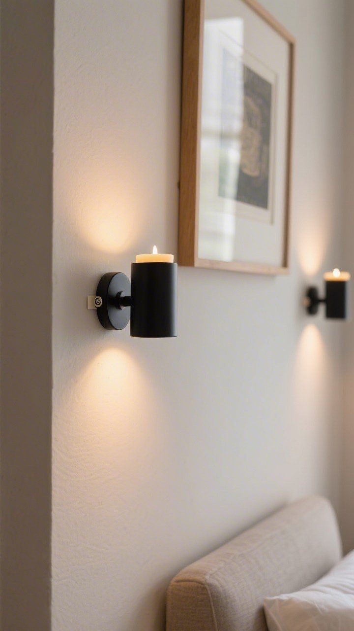 Corner medium shot of a minimalist wall sconce made from a small wall-mounted candle holder painted matte black, fitted with a battery puck light; mounted with command strips above framed art for a museum-like moment; warm, focused glow against a soft neutral wall; second matching sconce subtly visible to suggest a pair over a bed or artwork