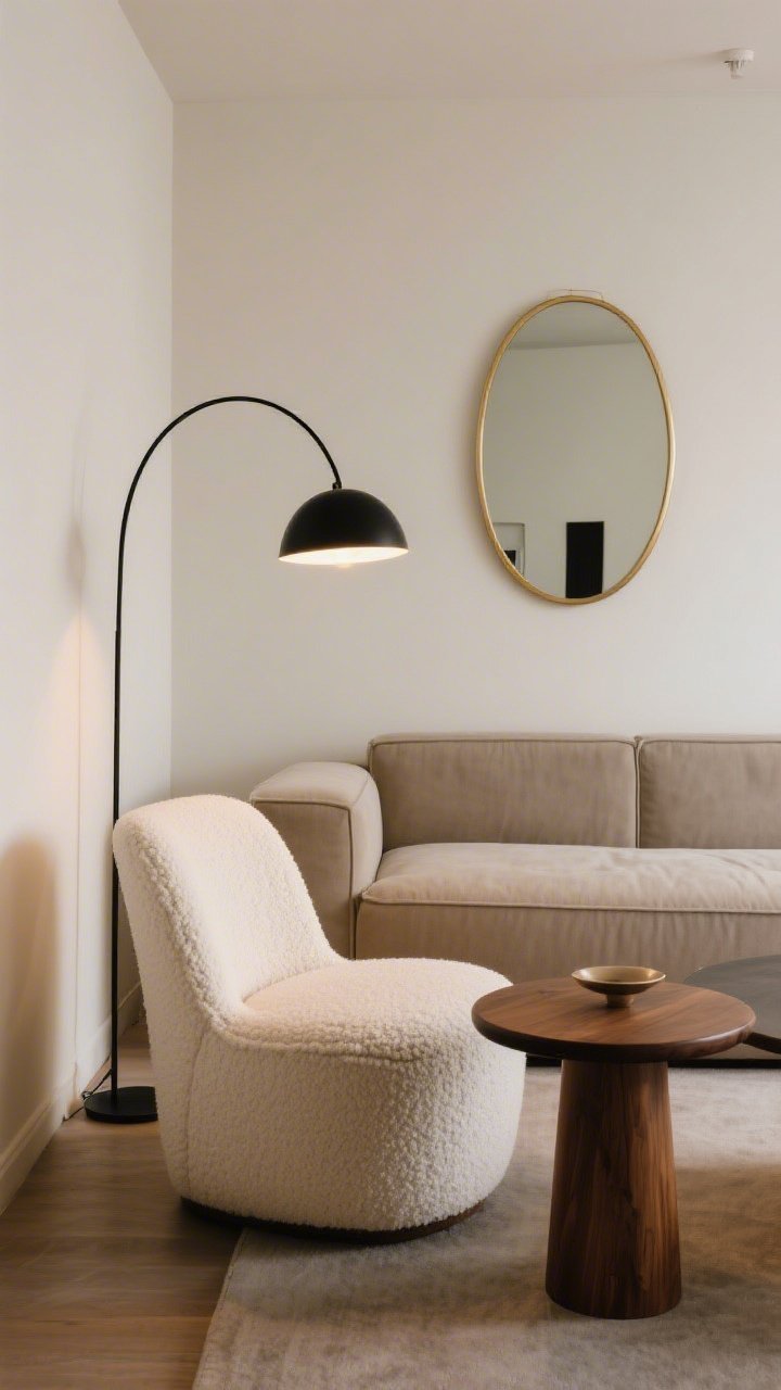Corner medium shot showcasing curves: a curved ivory boucle barrel chair beside a round wood coffee table, an arched black floor lamp casting a warm pool of light, an oval mirror with thin brass frame on the wall; boxy sofa in background to contrast, balanced composition, cozy modern mood.