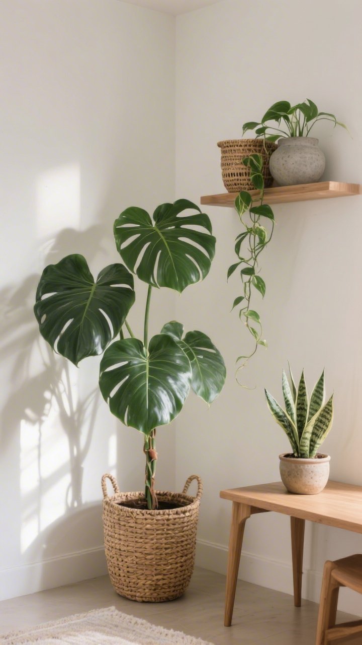 Corner vignette medium shot of a plant-filled nook: a tall statement floor plant (fiddle-leaf style) in a rattan planter, a tabletop snake plant in a ceramic pot, and a trailing pothos on a shelf above; mix of ceramic, rattan, and concrete planters; soft indirect daylight, clean walls, minimal furniture; photorealistic with rich leaf texture and natural shadows