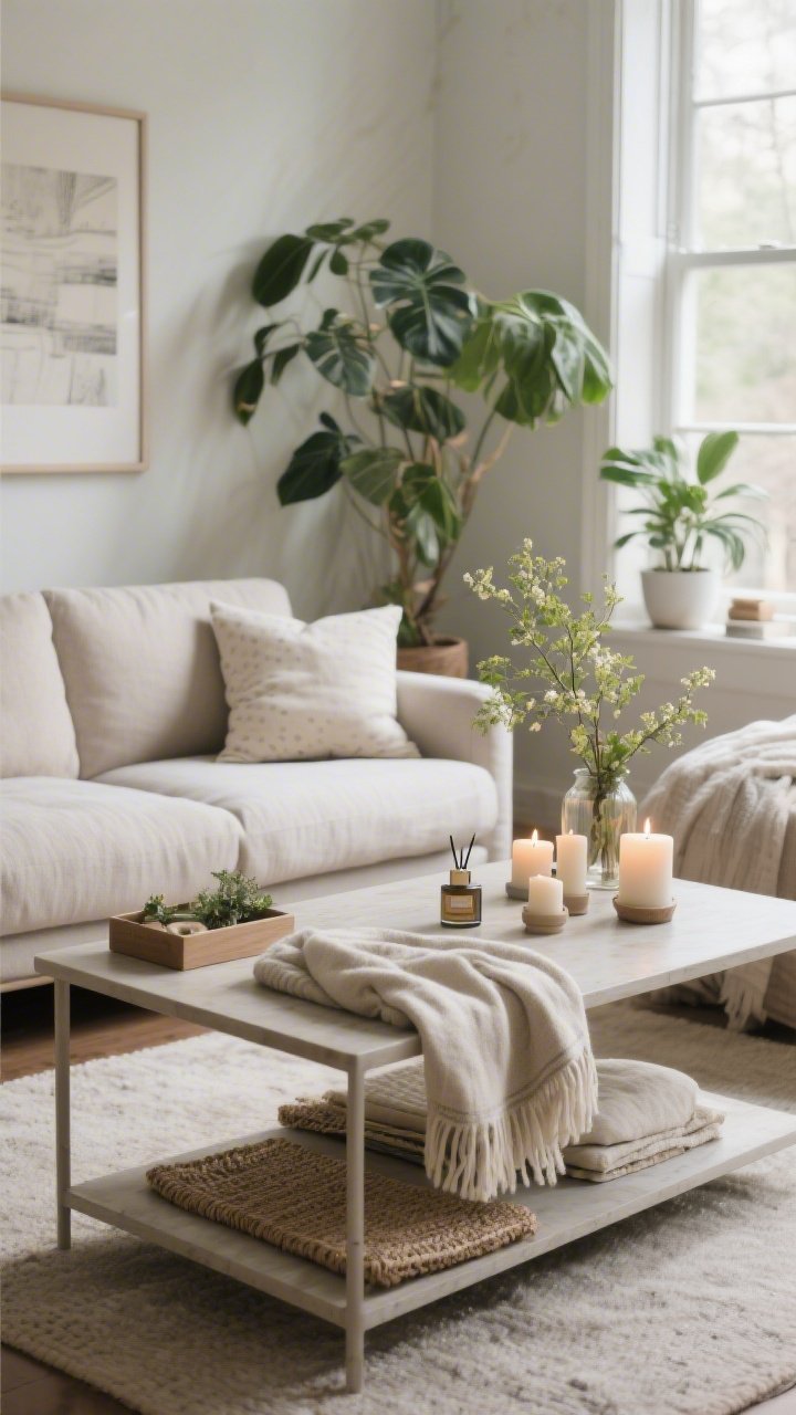 Cozy medium vignette: A living room mid “style maintenance”—cleared coffee table with a new throw swapped in, a few accessories restyled from a small prop box (candleholders, extra mats, pillow covers). Healthy plants recently trimmed and rotated; lighter linen textiles suggest spring. Gentle candle glow and a discreet diffuser imply scent; calm, lived-in, and fresh without new purchases.