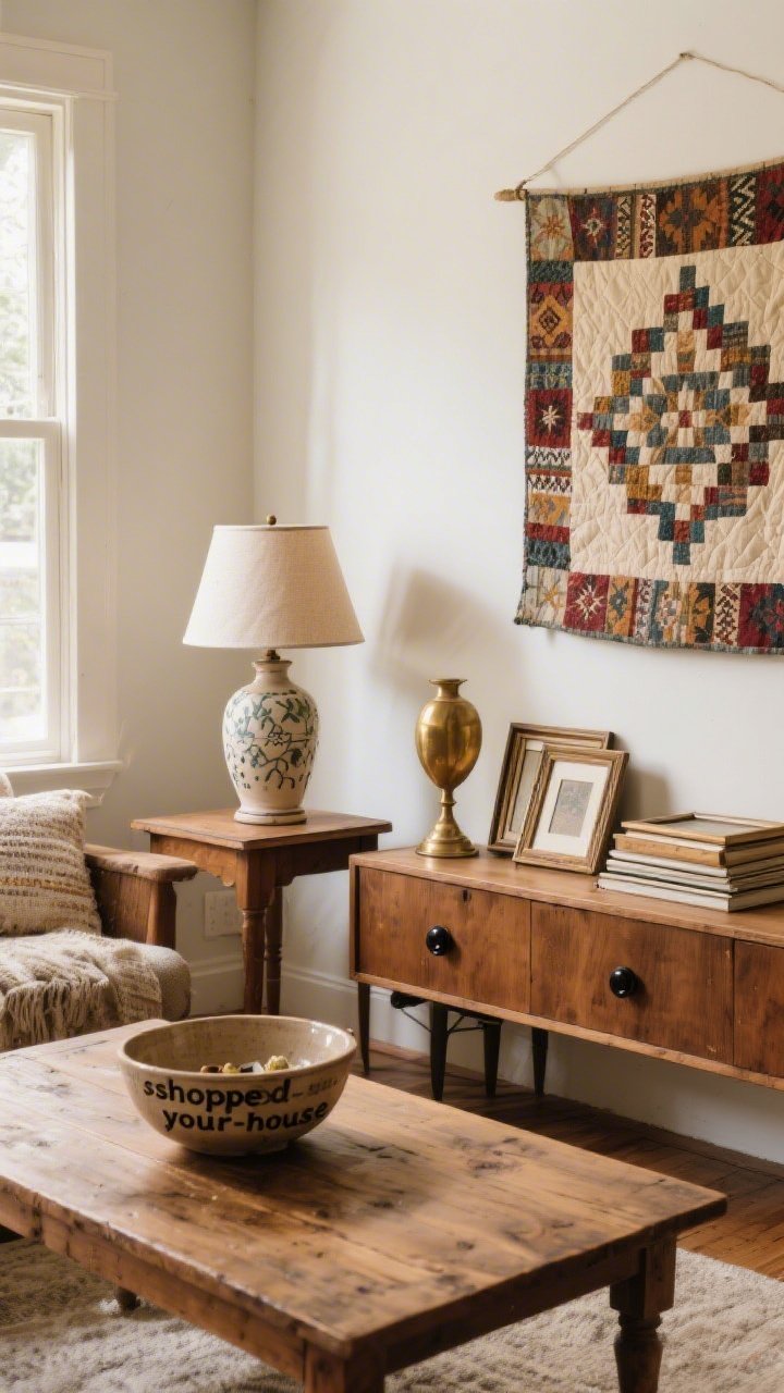 Cozy medium vignette of thrifty styling: a solid-wood thrifted coffee table with a “shopped-your-house” ceramic bowl as a catchall; a vintage ceramic lamp with a refreshed shade on a side table; a brass object and a stack of frames with mats; a boho quilt repurposed as a wall hanging; subtle upgrades like new matte black knobs on a console; warm, inviting daylight