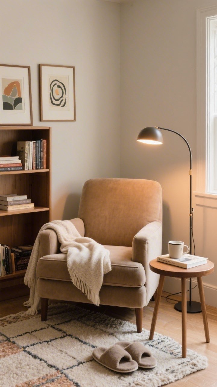 Cozy reading nook, medium corner shot: a deep, cushy armchair with arms, draped in a soft throw; round side table holding a mug and book; arc floor lamp casting warm task light at shoulder height; a small bookshelf backdrop with a pair of art prints; a small rug layered under the chair to claim the zone, slippers nearby.