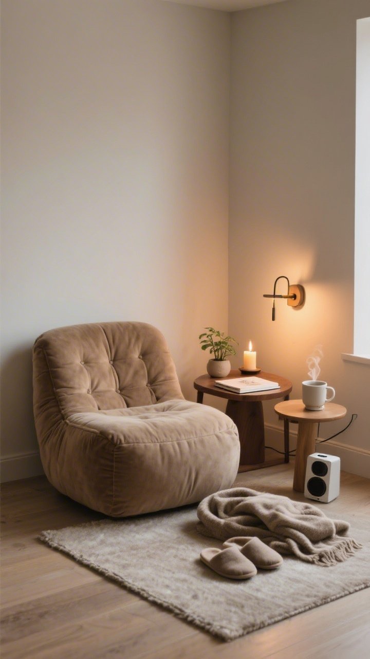 Cozy ritual corner, medium corner angle: a comfy upholstered chair or thick floor cushion, a small side table holding a steaming mug, a journal, a tiny plant, and a candle; a throw and slippers within arm’s reach; a small speaker and a minimalist diffuser nearby; dedicated warm task light (table lamp or wall sconce) creating an inviting evening nook; photorealistic, no people.