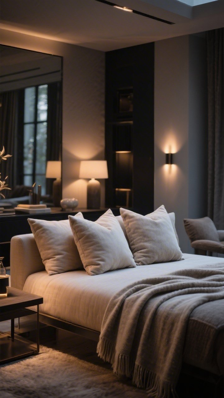 ” Cushions are freshly fluffed and a throw is smoothly arranged. Low, cozy evening lighting enhancing ambiance and tactile finishes.