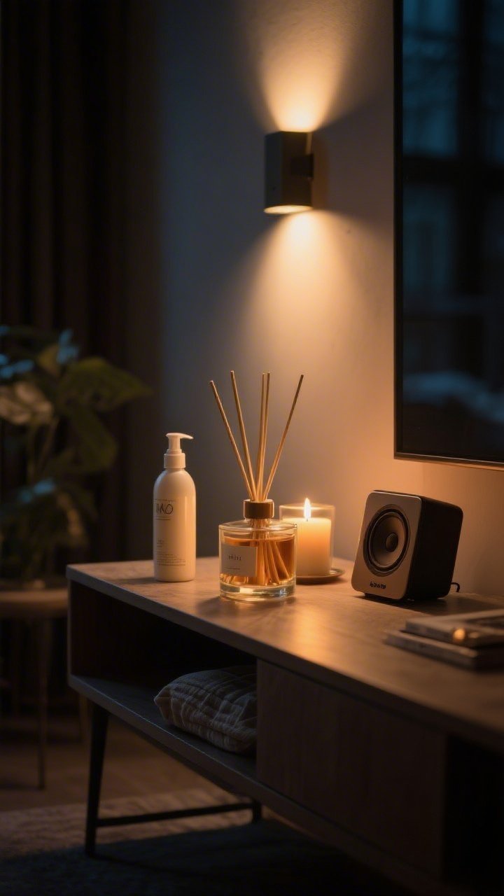 Detail/atmosphere shot: A dim, cozy evening scene—dimmable warm lighting (soft 2700K glow) over a console with a lit candle and a subtle reed diffuser (vanilla and amber notes implied), a linen spray bottle resting nearby, and a small speaker hinting at a mellow jazz/lo-fi playlist; intimate, moody composition, no people.