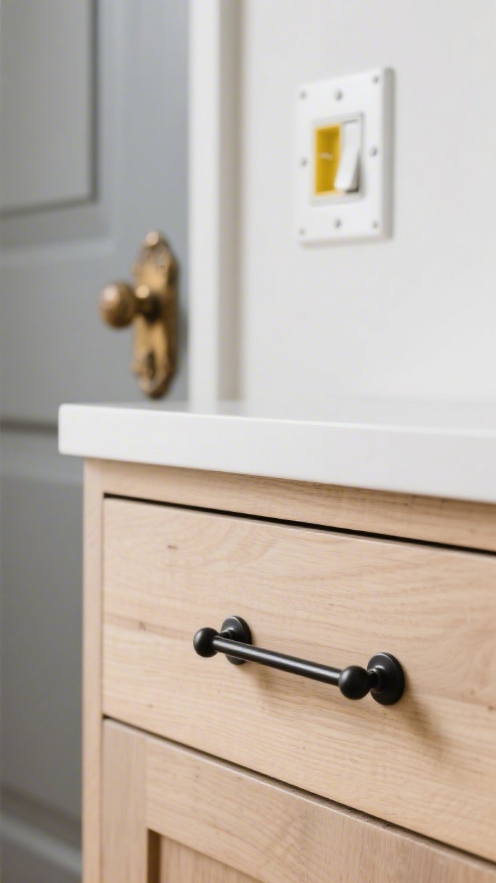 Detail closeup: A cabinet drawer front showing a swap from basic knobs to matte black bar pulls (96mm center-to-center), set against light wood; in the background, a door with an antique brass handle and a crisp white metal switch plate replacing yellowed plastic; shallow depth of field, soft daylight, photorealistic texture on metal finishes.