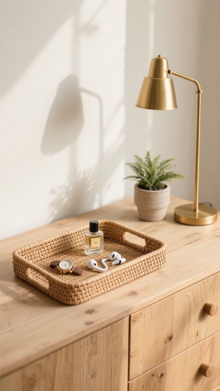 Detail closeup: A dresser surface styled using the 3-item rule; a rectangular rattan tray as the base, a slender brass lamp for height, and a small potted plant adding life; essentials (watch, perfume, earbuds) corralled inside the tray; soft, warm afternoon light skimming the wood grain and rattan texture; muted palette of cream, brass, and natural wood.