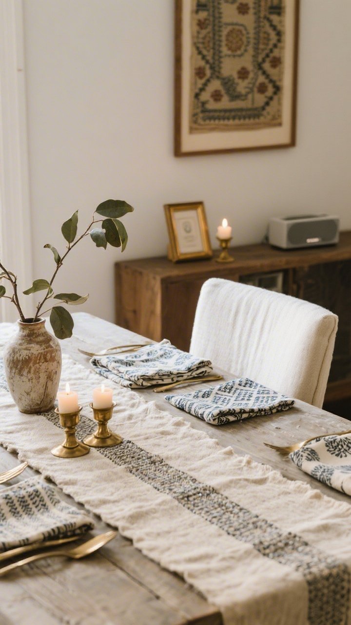Detail closeup: A layered, cozy vignette highlighting textures and personal touches. Focus on a nubby linen table runner, patterned cloth napkins, and a slipcovered end chair in soft ivory. Repeated brass accents—small frame edge, candleholders—create cohesion. Include a leafy plant branch in a thrifted vase and a framed vintage textile on the wall edge to suggest scale. Subtle candle lit glow and a discreet Bluetooth speaker in the background, no people. Shallow depth of field to emphasize fabric weave and mixed metals.