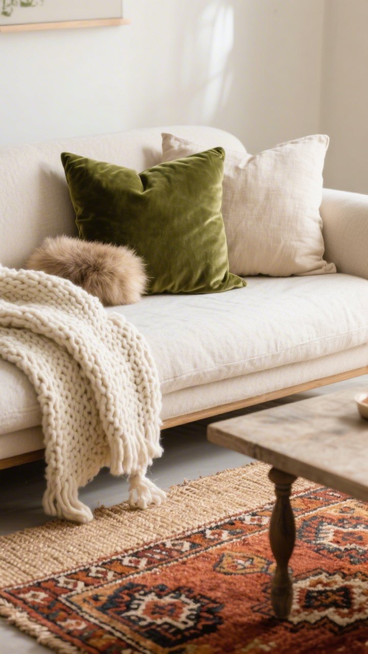Detail closeup: A layered textile vignette on a sofa—nubby knit throw in cream, velvet pillow in moss green, linen pillow in sand, and a small faux fur lumbar; a vibrant kilim rug partially layered over a larger jute rug beneath a coffee table; cohesive palette of two mains (cream, moss) with a rust accent; soft natural light highlighting textures