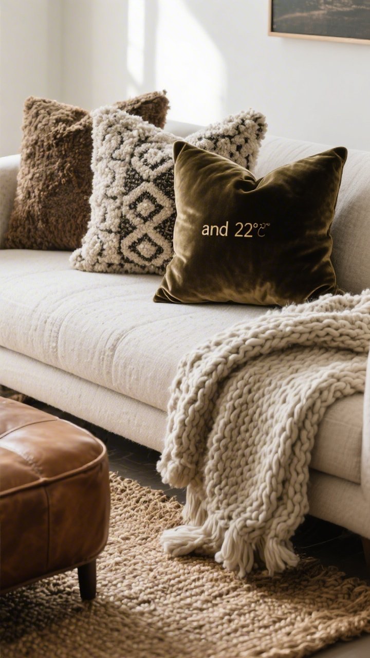Detail closeup: A layered texture scene on a sofa—boucle and velvet throw pillows in 20" and 22" sizes, one with a quirky pattern; a chunky knit blanket casually draped over the arm; a jute rug beneath a leather ottoman; tactile fabrics visible under diffused daylight, emphasizing weave and nap, photorealistic.