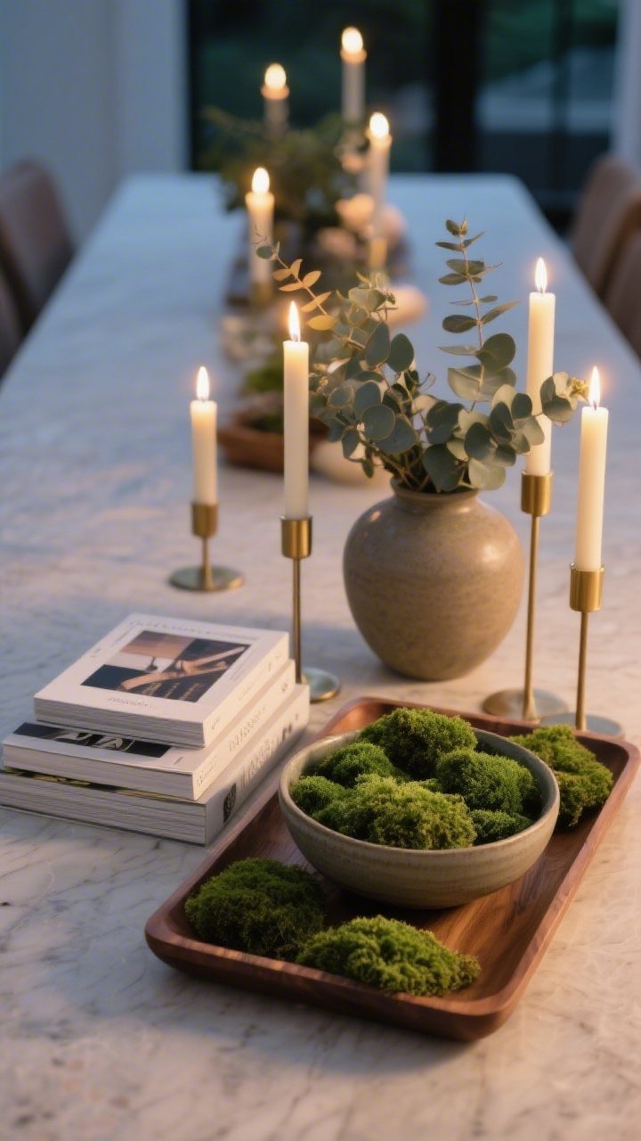 Detail closeup: A low, show-stopping centerpiece that doesn’t block faces on a long dining table. Style the trio trick: a long wooden tray, a neat stack of design books, and a low ceramic bowl filled with fresh green moss. Add mixed-height taper candles in simple brass holders for mood, all unscented. Include a wide-mouth vase with eucalyptus kept low and lush. Soft evening lighting with gentle candle glow; shallow depth of field focusing on textures and layers.