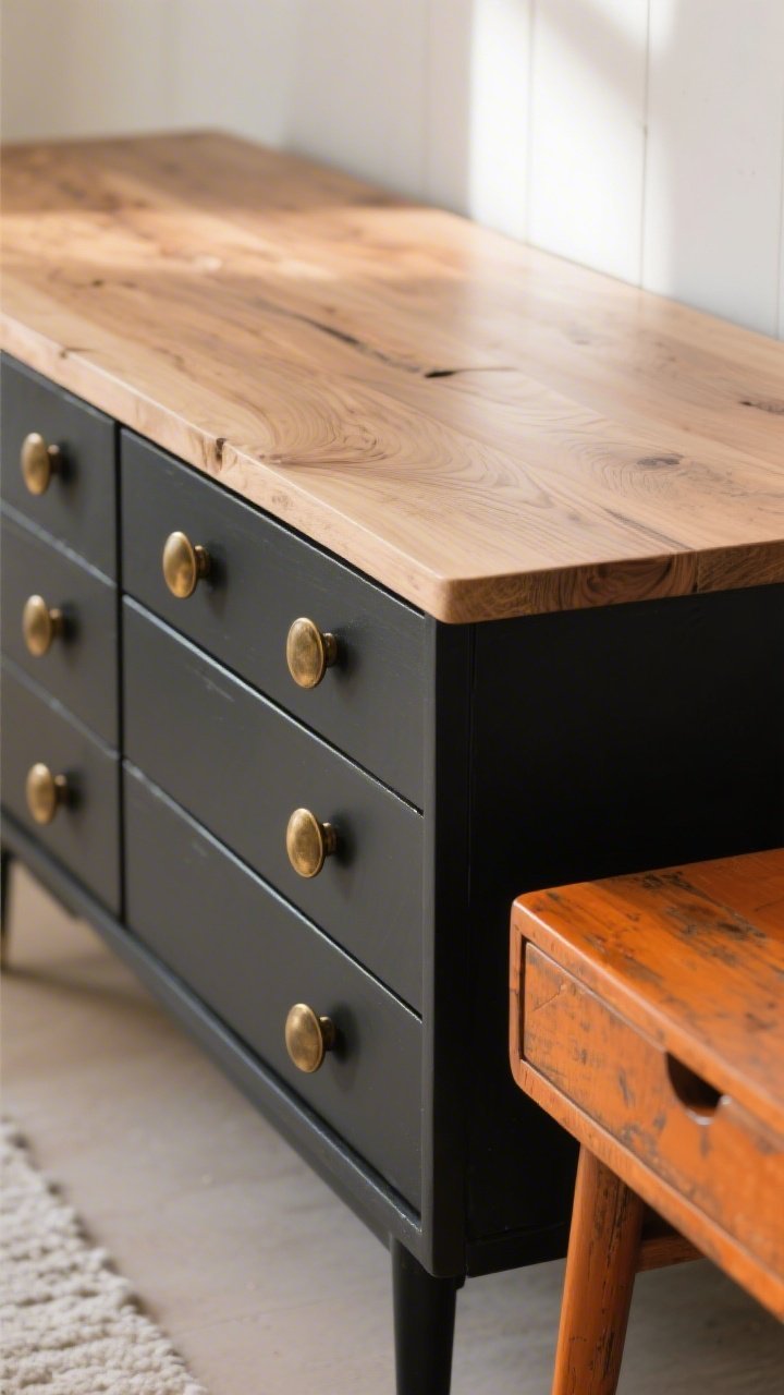 Detail closeup: A mid-century-style dresser makeover—raw, sanded wood top with a matte clear finish contrasting a matte black painted base; chunky brushed brass knobs installed evenly; nearby a refinished side table stripped of orange varnish and sealed in matte poly for a modern farmhouse look; subtle wood grain and paint texture visible; soft, indirect light; no people, photorealistic.