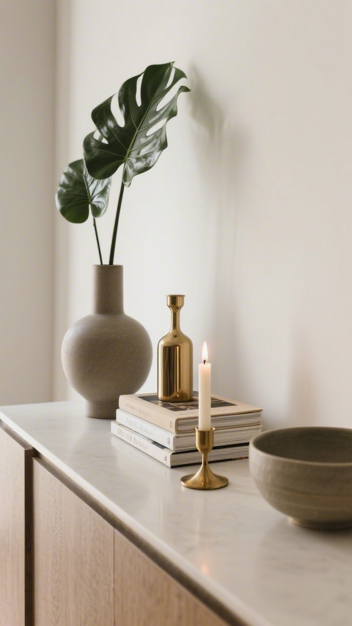 Detail closeup: A styled console surface after a 20-minute edit, showing an intentional trio arranged in odd numbers and varied heights/textures. Tall: a leafy plant in a matte ceramic vase; medium: a stack of art books in the room’s color story; low: a small candle in a shiny brass holder. Negative space surrounds the grouping. Surfaces are clear and minimal, with one low ceramic bowl off to the side echoing the palette. Lighting is soft and indirect, overhead perspective capturing the balance of tall + medium + low, hard + soft, shiny + matte. Photorealistic.