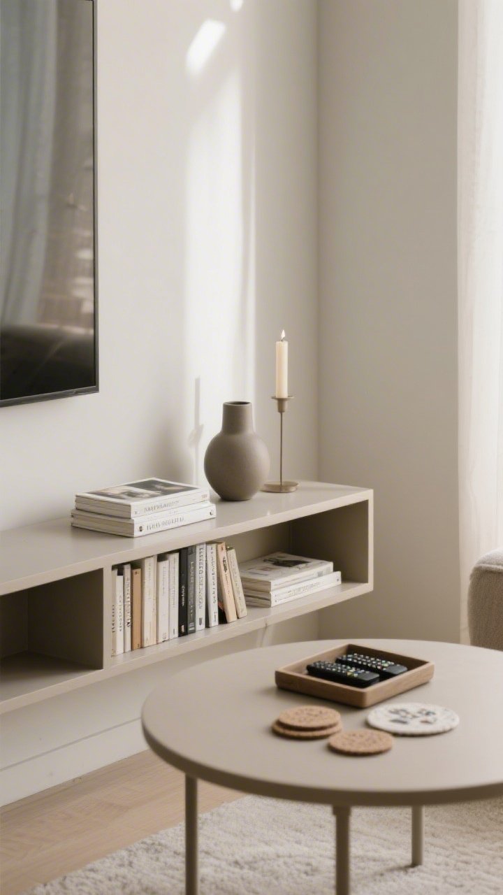 Detail closeup: A styled shelf and coffee table corner using the rule of thirds—book, matte ceramic vase, and candle at varied heights; books arranged horizontally and vertically for rhythm; a small tray corralling remotes and coasters; negative space left intentionally between objects; neutral tones with soft textures; diffused daylight from the side.