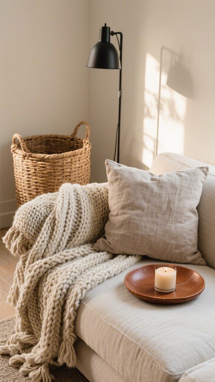 Detail closeup: A styled sofa corner showcasing layered textures—chunky knit throw in oatmeal draped over the arm, a washed-linen pillow in soft taupe, a small round leather tray in rich caramel holding a candle; behind, a woven rattan basket sits beside a sleek matte black metal floor lamp; warm afternoon light grazing the materials.