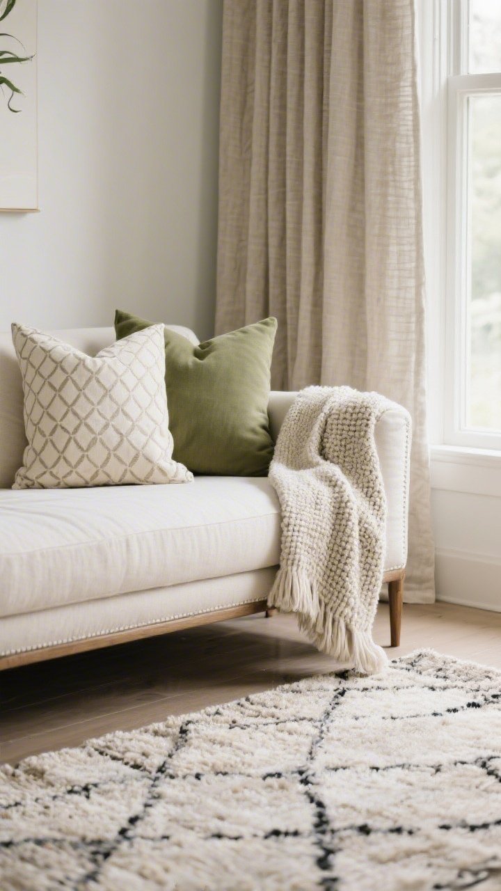 Detail closeup: A styled sofa corner showcasing textiles—large rug extending under the front legs of furniture, pillow combo of 2 solids (cream and sage), 1 patterned pillow (subtle geometric), and 1 textured bouclé lumbar; a linen-blend curtain hung high and wide framing soft daylight; a knit throw draped diagonally across the arm.