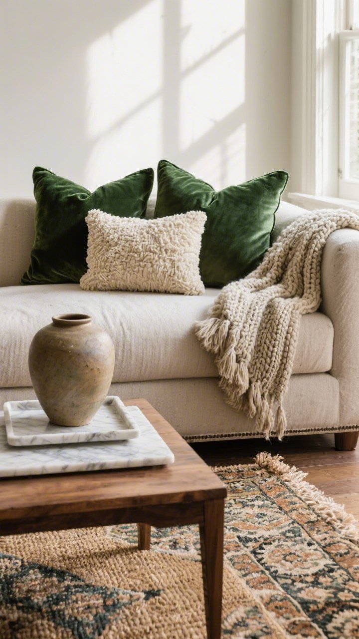 Detail closeup: A textured styling vignette on a sofa—three throw pillows in velvet forest green, natural linen, and creamy boucle, layered with a chunky knit throw draped over the arm; in the foreground, a marble tray on a wood coffee table beside a ceramic vase; on the floor, the edge reveal of a layered jute rug under a patterned vintage-style rug; side-window light raking across fabrics to emphasize weave and pile.