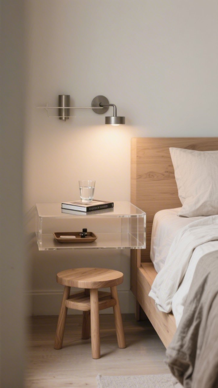Detail closeup: Bedside scene featuring a narrow C-table sliding under the bed frame holding a book and glass of water, a stacked pair of simple wooden stools with one tucked beneath the other, and a wall shelf plus sconce duo on the adjacent wall; clear acrylic open-frame nightstand alternative visually disappearing in a tight corner with a small tray corralling essentials; neutral palette with mixed textures (linen duvet, smooth wood, matte metal sconce), warm bedside glow, photorealistic.