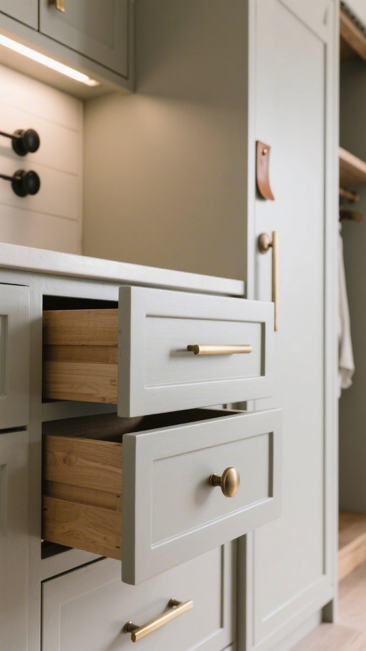 Detail closeup: Cabinet hardware makeover—kitchen drawer fronts in matte painted wood featuring newly installed brushed brass bar pulls on wide drawers and modern cup pulls on smaller ones; a nearby dresser corner shows a mix of matte black knobs and slim pulls for a custom look; a closet door edge with warm leather tab pulls and a simple wood knob; soft overhead light highlighting the finishes without glare.
