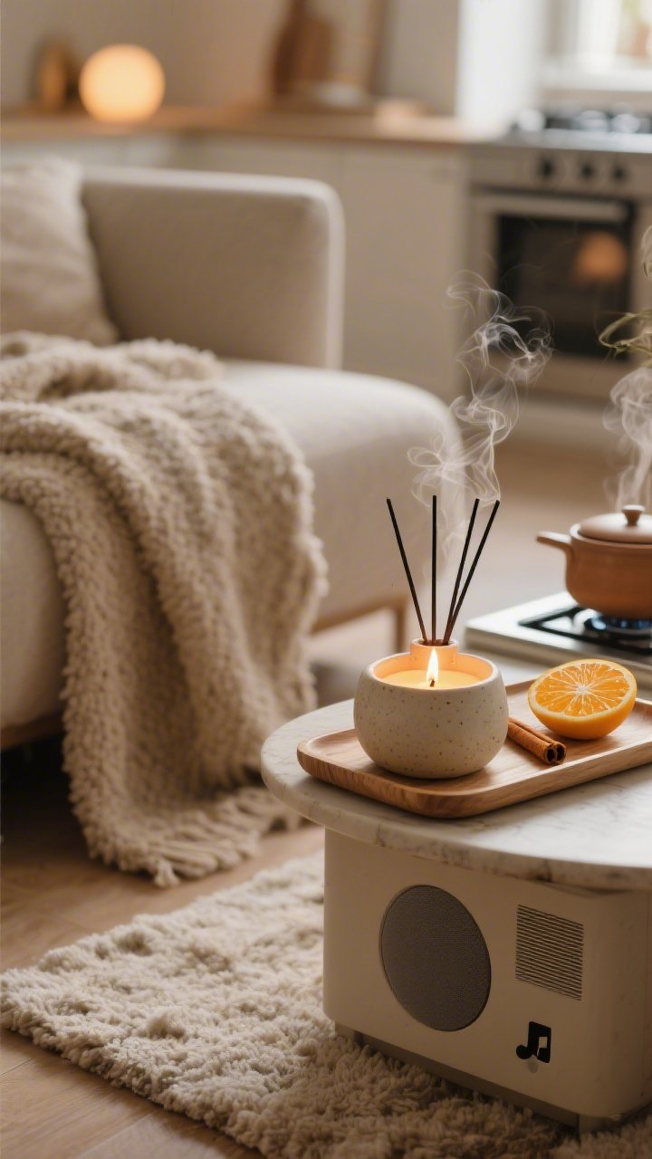 Detail closeup capturing scent and sound ambiance: a lit candle beside a ceramic diffuser on a tray, a small pot with citrus slices and a cinnamon stick steaming on a nearby stovetop or hot plate in the background blur; a soft, nubby throw and plush rug underhand/underfoot; a discreet speaker playing low-volume music; warm, enveloping light, sensory, calm atmosphere.