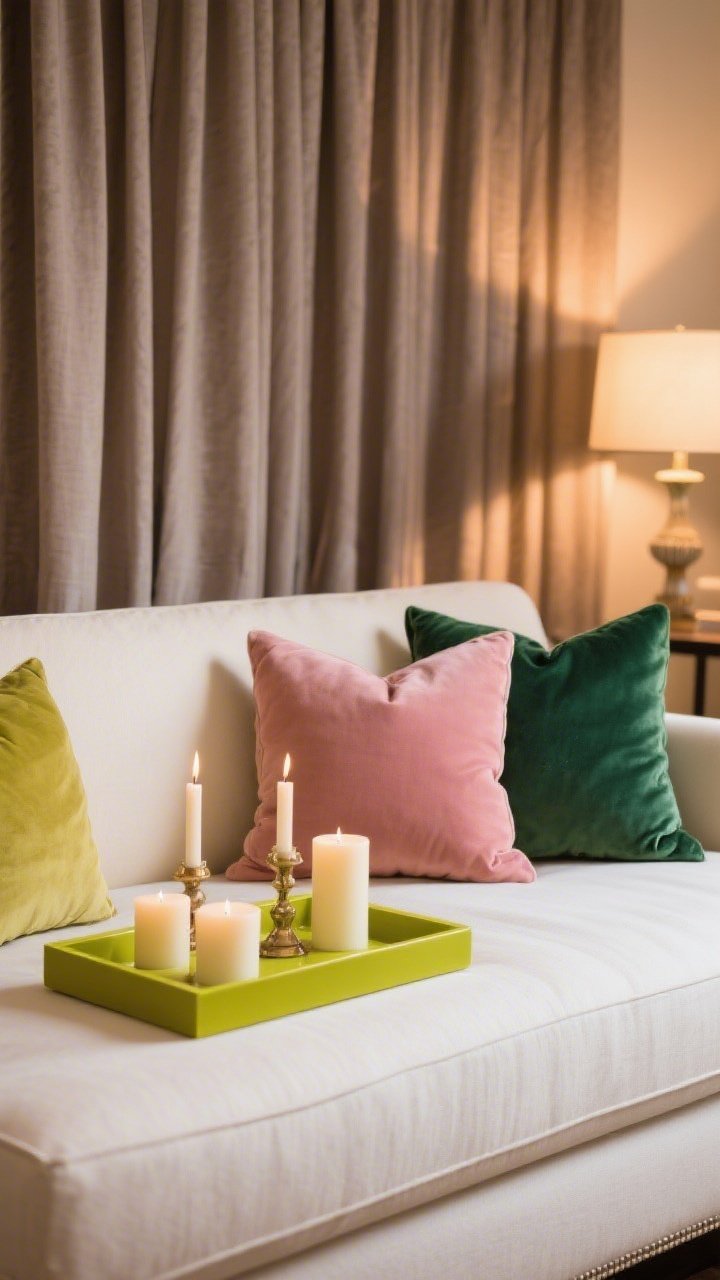 Detail closeup: Color-curated accessories on a neutral base—cream sofa and taupe curtain backdrop with coordinated pillows and candles in two main hues (dusty rose and forest green), plus one bold accent pop (a chartreuse tray); each color repeated at least three times, controlled palette under warm lamplight.