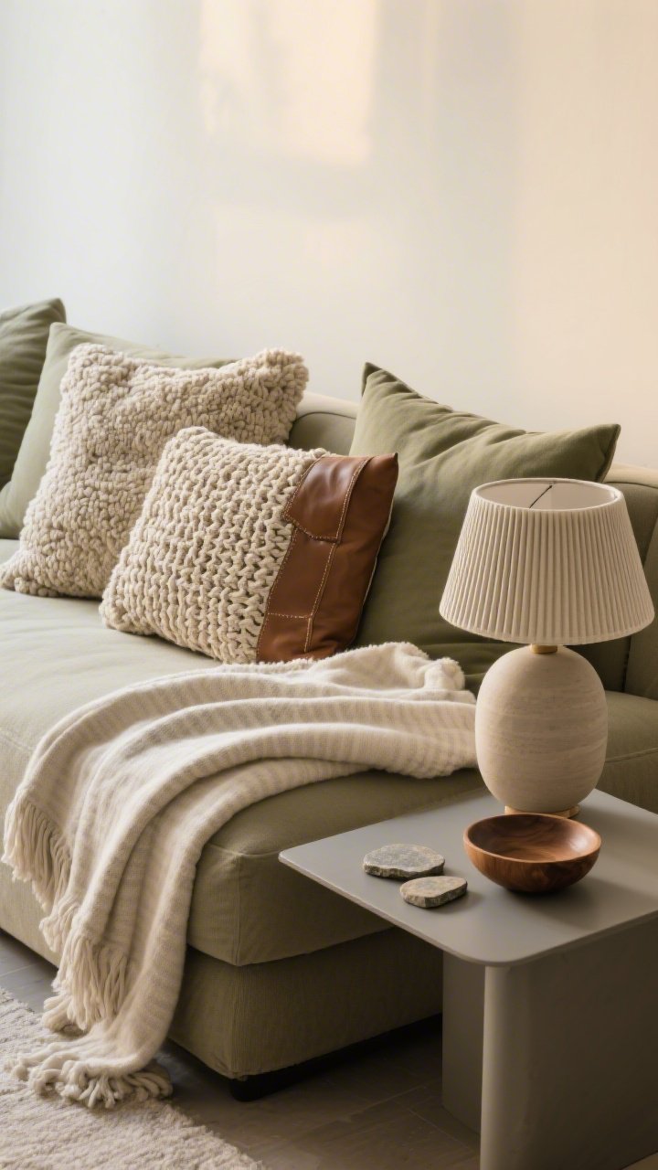Detail closeup: Cozy texture layering on a sofa—one plush knit throw, one woven throw, and one lightweight linen throw arranged without clutter; pillows mixing boucle, linen, and leather accents in a tight neutral-sage palette; a ribbed ceramic lamp on a sleek side table, plus a small wood bowl and stone coasters; warm, soft lighting highlighting tactile contrast.
