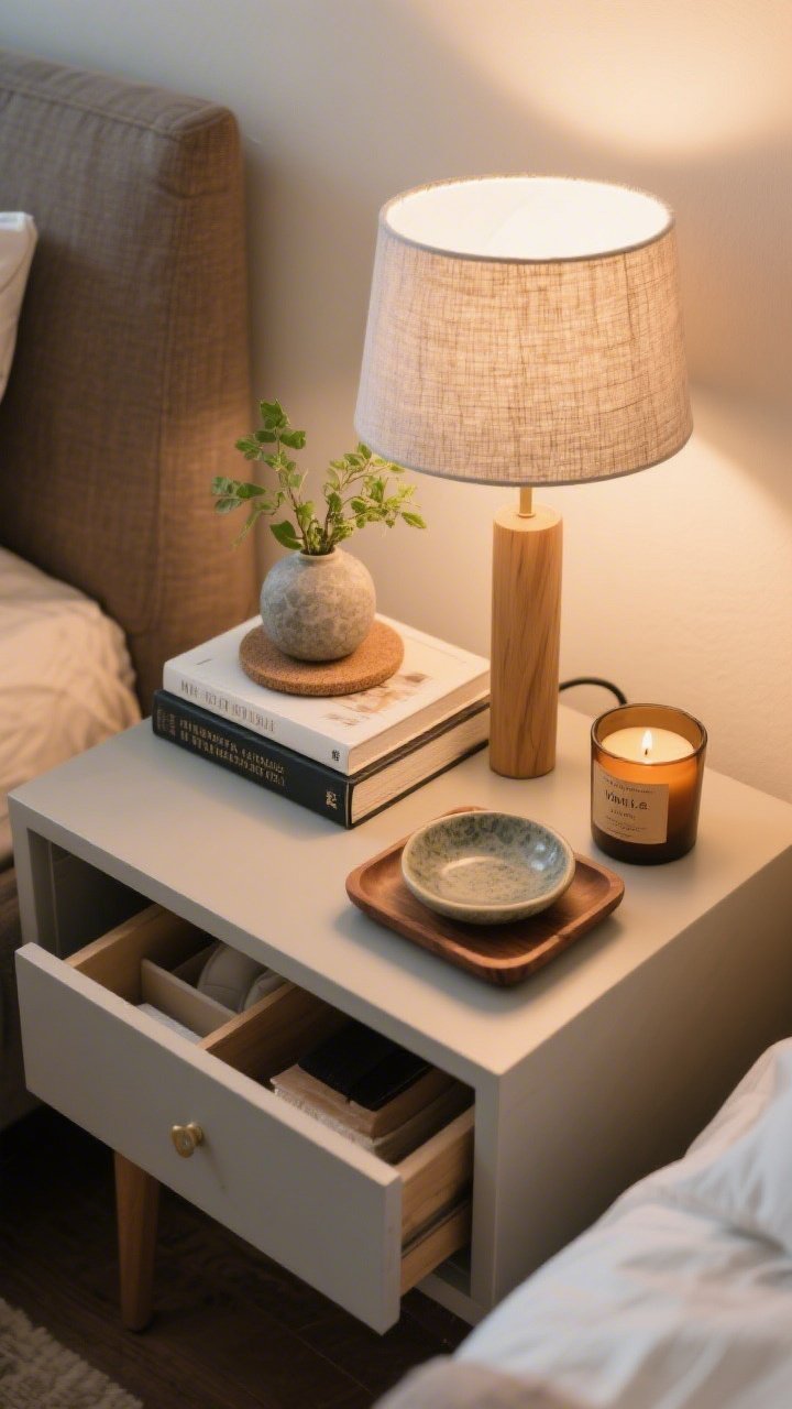 Detail closeup from a slight top-down angle: A curated nightstand styled intentionally—small lamp with a fabric drum shade, a neat stack of 2–3 hardcover books, a tiny bud vase with greenery, a round stone coaster, a ceramic catch-all dish, and a wood tray; a candle labeled with warm scents like vanilla or amber; surface clean and uncluttered with a drawer just ajar hinting at organizers; warm bedside glow, photorealistic.