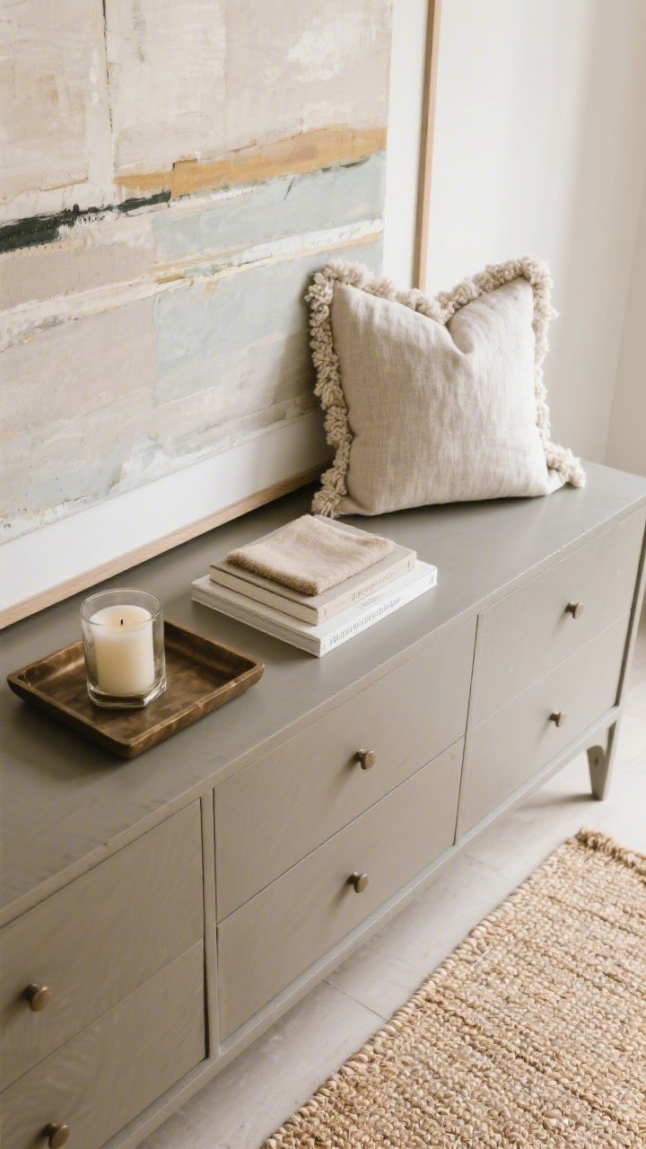 Detail closeup from above: Curated dresser surface featuring a large-scale art piece leaning against the wall in a restrained palette (two to three repeating colors), a tray corralling a candle and small book, and layered textures—linen swatch, boucle pillow edge in frame, and a corner of a jute/wool rug; cohesive limited palette for big personality without clutter; gentle indirect daylight, photorealistic.