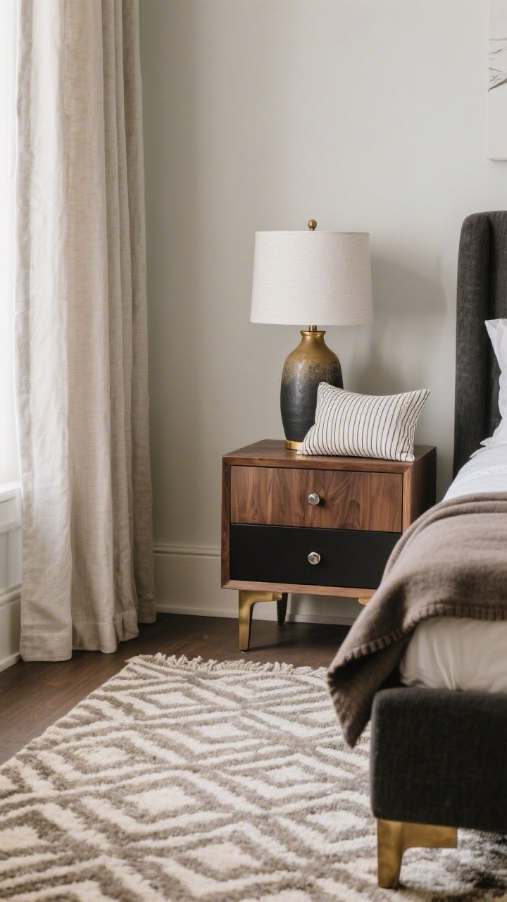 Detail closeup from bedside level showing layered textures and patterns: a large patterned rug (muted geometric) anchoring the bed with front legs and nightstands on it, linen curtains pooling lightly, a wood nightstand with a ceramic lamp and brushed metal pull, a small pinstripe pillow paired with a solid throw. Mixed metals limited to two finishes—brass and matte black—repeated on lamp hardware and drawer knobs. Gentle natural light; photorealistic.