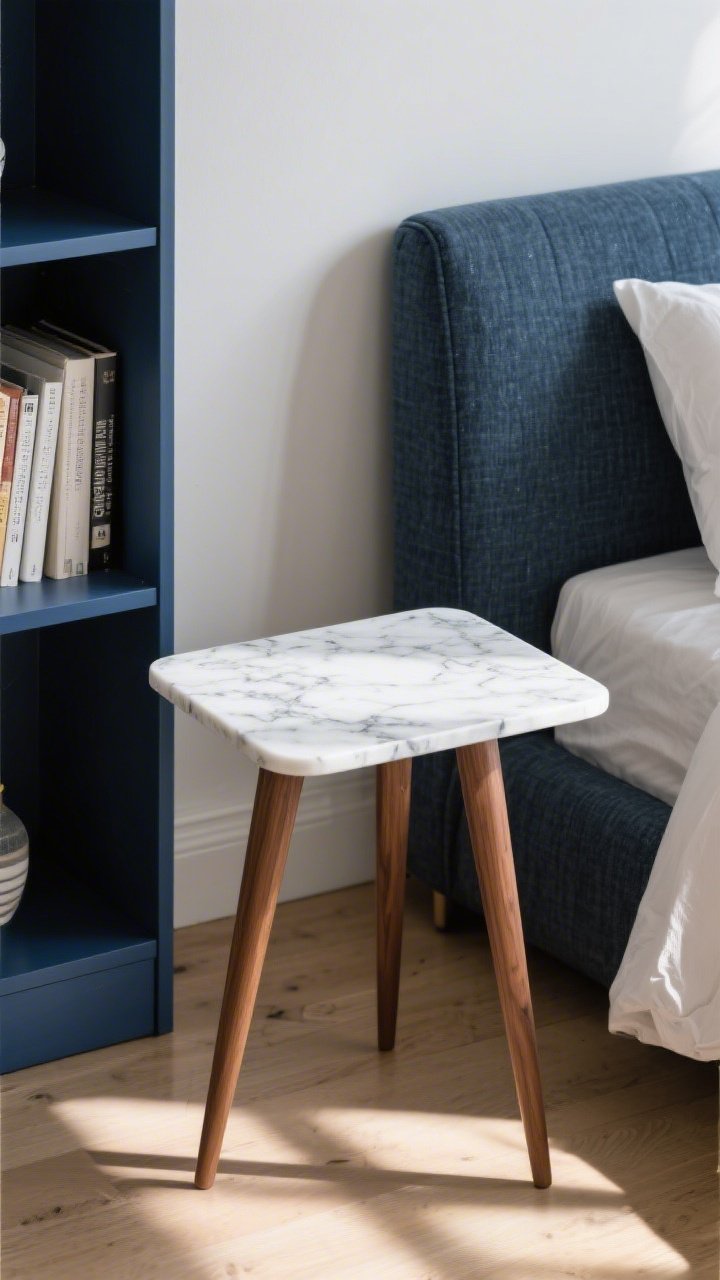Detail closeup: Furniture glow-up vignette—an IKEA side table topped with contact paper in white marble finish, tapered mid-century wood legs swapped in, a bookcase nearby with its interior back panel painted a contrasting deep navy for depth, and a fabric-wrapped headboard corner visible in frame; soft afternoon light.