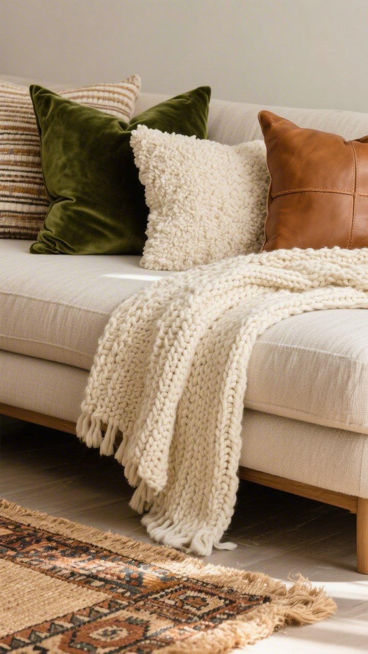 Detail closeup: Layered textures on a sofa—chunky knit throw blanket in cream draped over the arm, a mix of pillows in forest green velvet, ivory bouclé, tan faux leather, and woven cotton with subtle stripes; in the foreground, the edge of a natural jute rug with a smaller patterned kilim rug layered on top; warm, diffused natural light highlighting the fabric weaves, photorealistic.