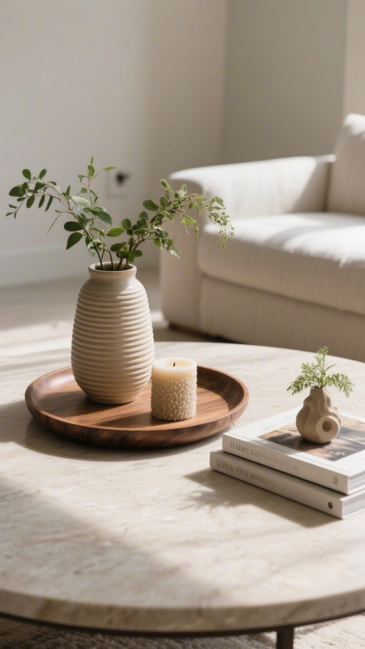 Detail closeup of a coffee table styled with restraint: the rule of three—one tall ribbed ceramic vase with greenery, one medium textured candle, one small sculptural object—grouped on a round wooden tray; alongside, a neat stack of two art books topped with a small plant; abundant negative space on the table surface to let items breathe; afternoon sunlight grazing textures; no people.