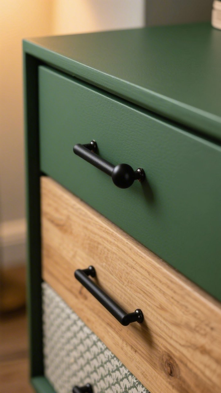 Detail closeup of a dresser drawer front showing a hardware glow-up: matte black bar pull replacing an old knob, perfectly aligned with correct screw spacing; the dresser body newly painted a smooth, satin deep green with foam-roller finish while the drawer faces remain natural wood (two-tone effect); drawer side lined with subtle peel-and-stick pattern; warm indoor light; photorealistic