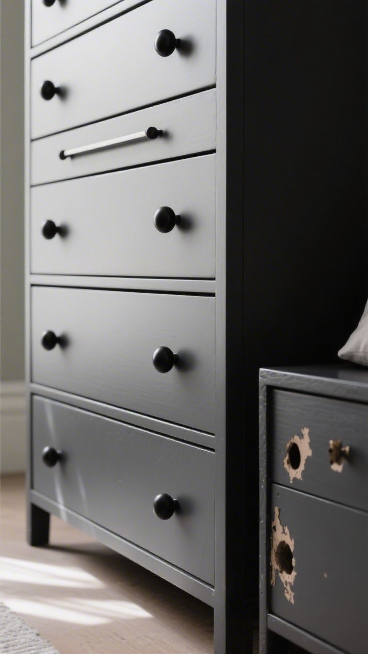 Detail closeup of a dresser front showing mixed hardware shapes in a consistent matte black finish: round knobs on top drawers and slim pulls on lower drawers; a nearby nightstand with matching finish for cohesion; evidence of filled old holes and crisp new centered placement; soft daylight reflecting gently on a satin-painted dresser surface; shallow depth of field.