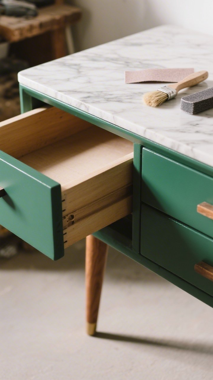Detail closeup of a dresser mid-refinish: one drawer sanded smooth, adjacent drawer painted satin deep green, new tapered wood legs installed for a mid-century vibe; top surface covered in marble-look contact paper with crisp edges; nearby tools (fine sandpaper, small brush) subtly included; soft workshop-style lighting showcasing finish quality.