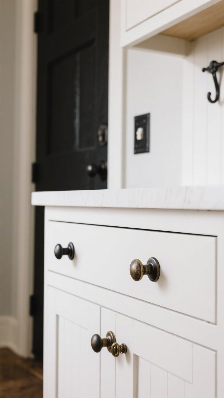 Detail closeup of cabinet hardware swap: matte black and aged brass pulls and knobs on shaker-style white cabinetry; matching black door handle in the background; coordinating iron switch plate and a simple black hook on a nearby wall; soft, even indoor lighting highlighting the finish textures.