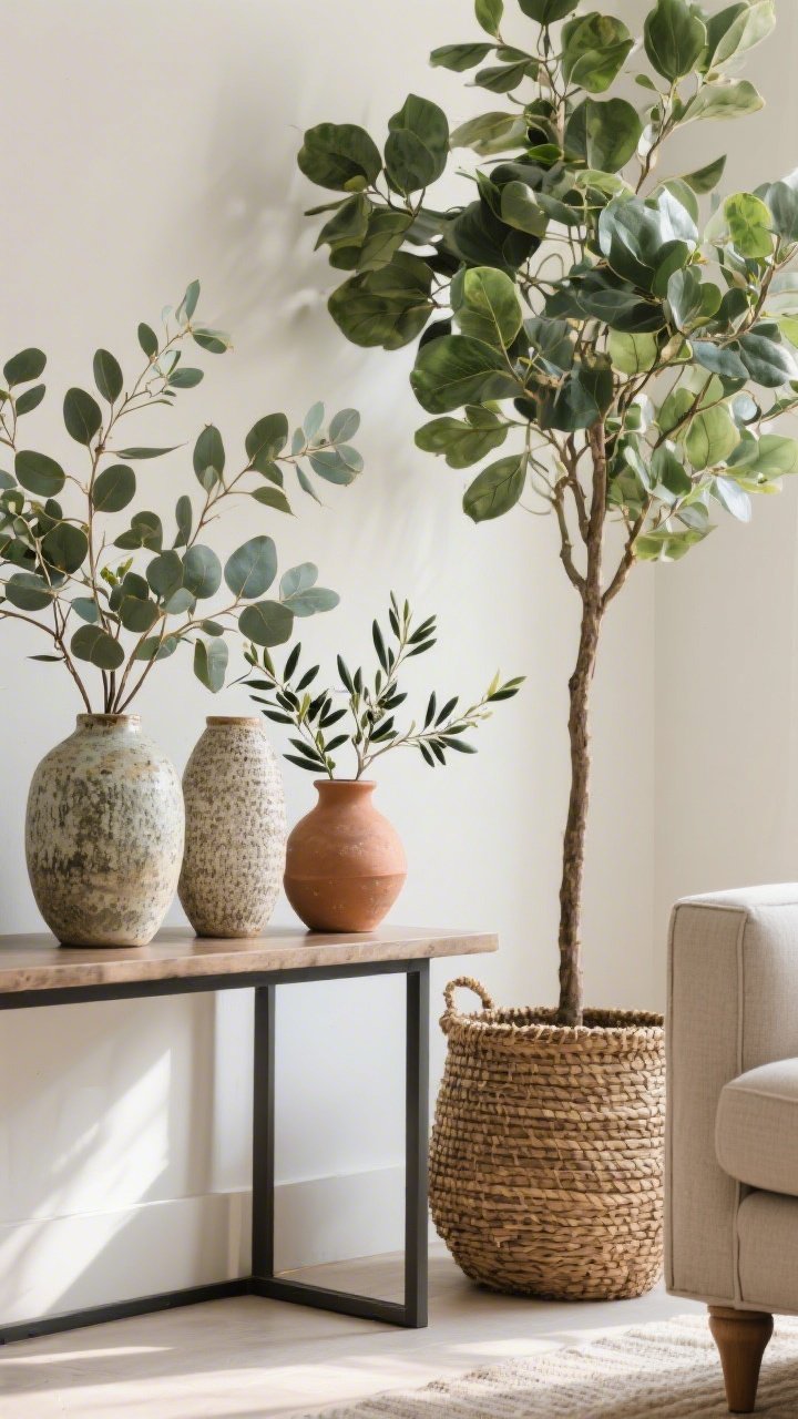 Detail closeup of greenery: eucalyptus stems and olive branches in textured ceramic and terra-cotta vases on a console; a larger floor plant in a woven basket by the sofa leg; grouped arrangements in threes; bright indirect daylight highlighting leaf texture and vessel patina.