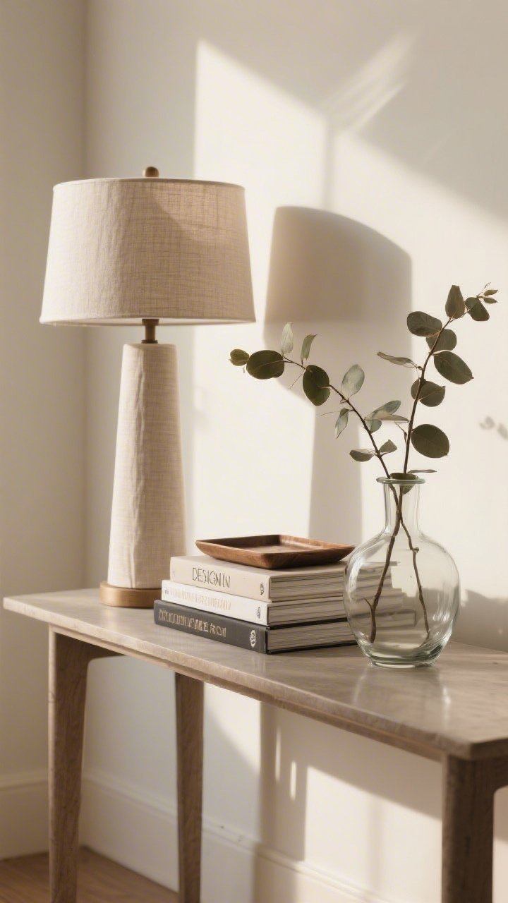 Detail closeup of intentional surface styling on a console: a tall linen-shaded lamp for height, a stack of design books with a small tray layered on top, and a glass vase with leafy branches for life; items grouped in threes, deliberate negative space left open; warm afternoon light, clean lines, photorealistic